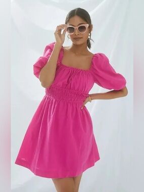 Maeve Hot Pink Puff-Sleeve Smocked Waist Dress